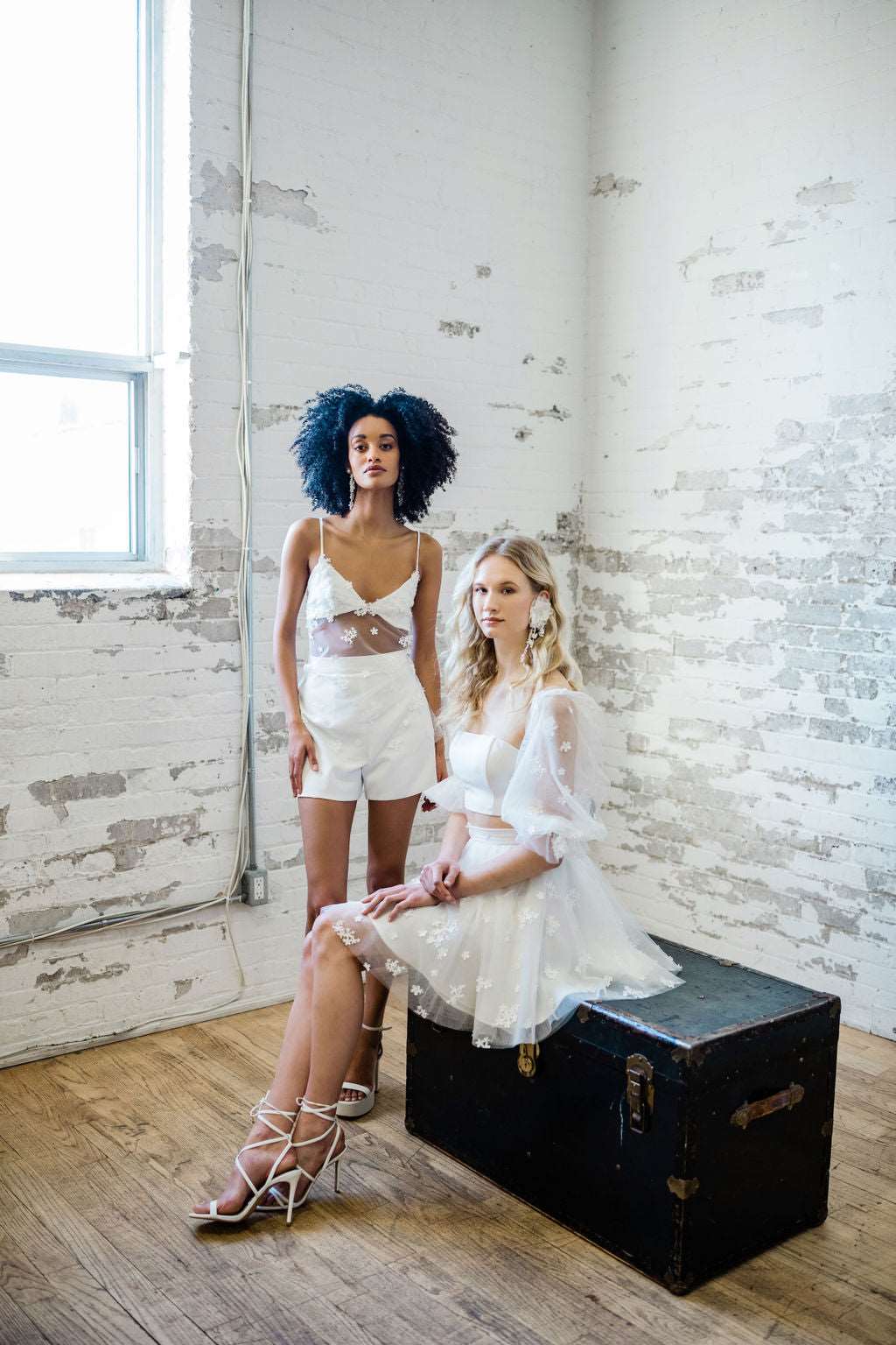 Tulle bridal mini skirt. Modern romantic bridal separates Made in Toronto, Canada by Catherine Langlois. LGBTQ+ wedding designs.