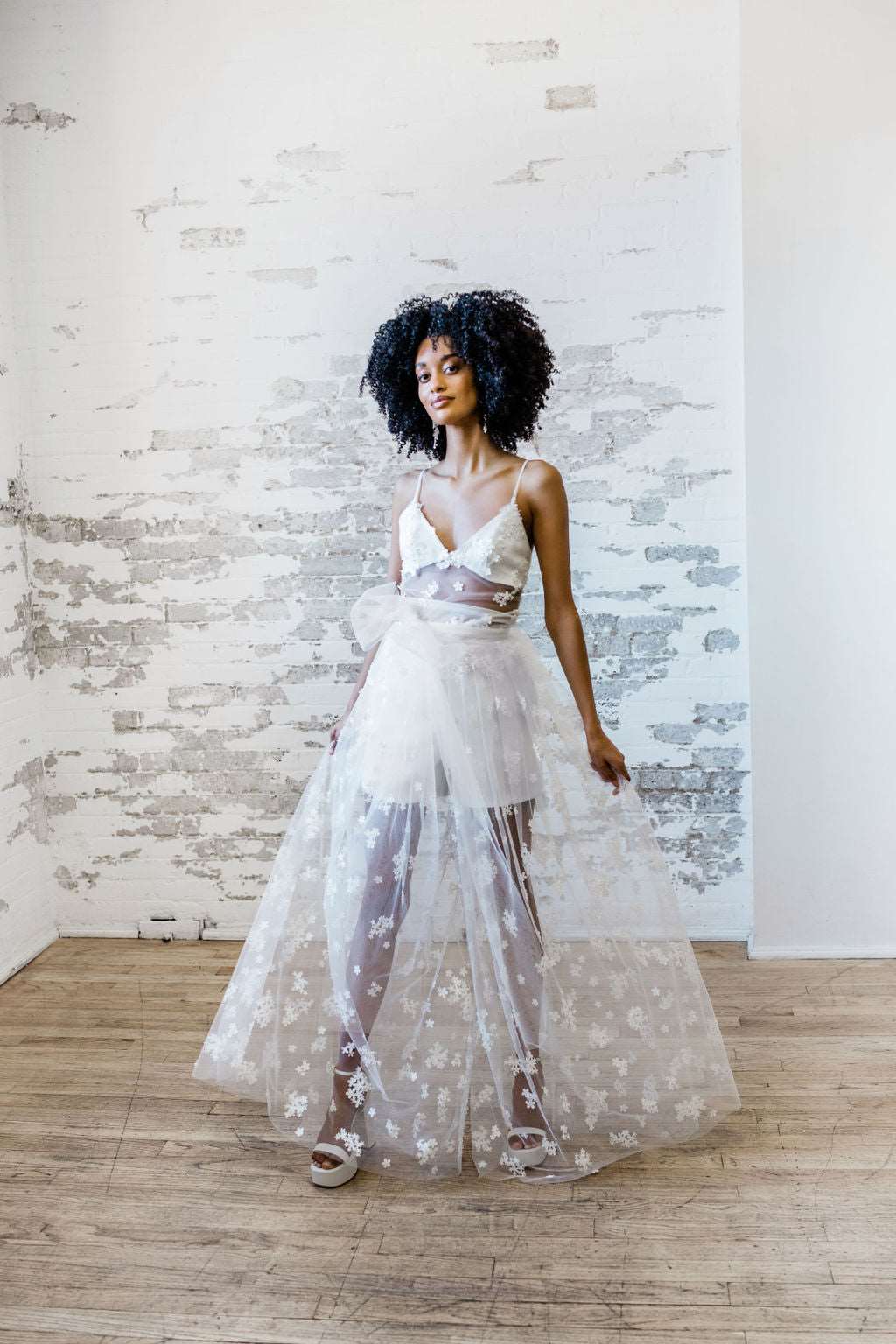 Sheer 3D floral lace bridal divided skirt . Modern bridal separates. Hand made in Canada by Catherine Langlois.