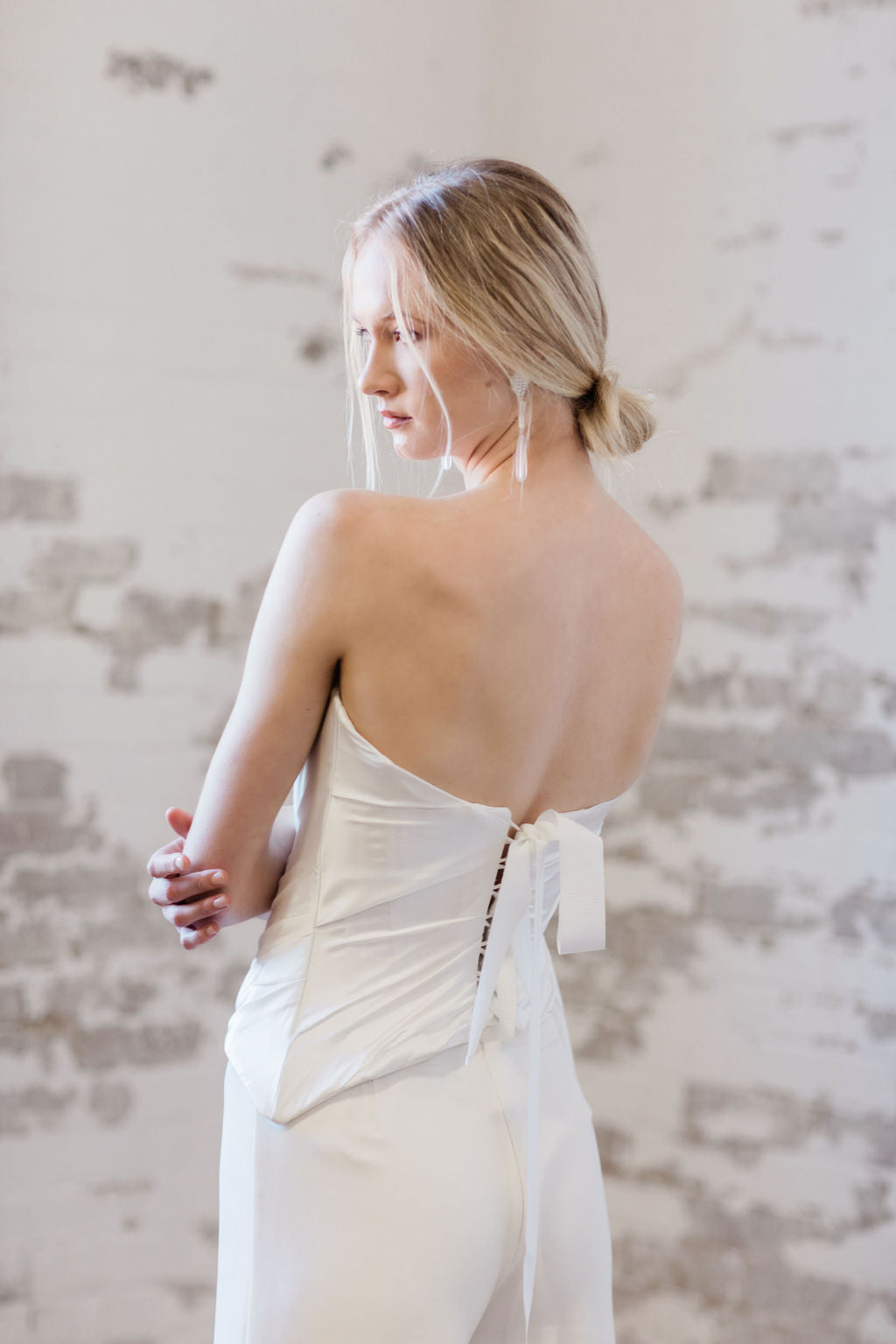 Modern pleated satin bridal corset. Custom made in Toronto.