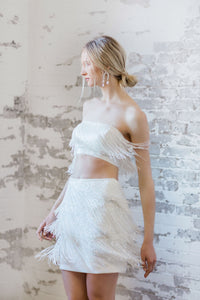 Modern fringe beaded wedding mini skirt. Chic bridal separates. Made in Canada by Catherine Langlois.