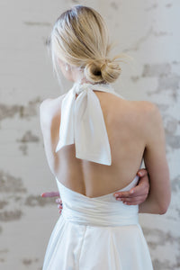 Modern bridal separates. Satin bridal halter wrap top. Made in Canada.