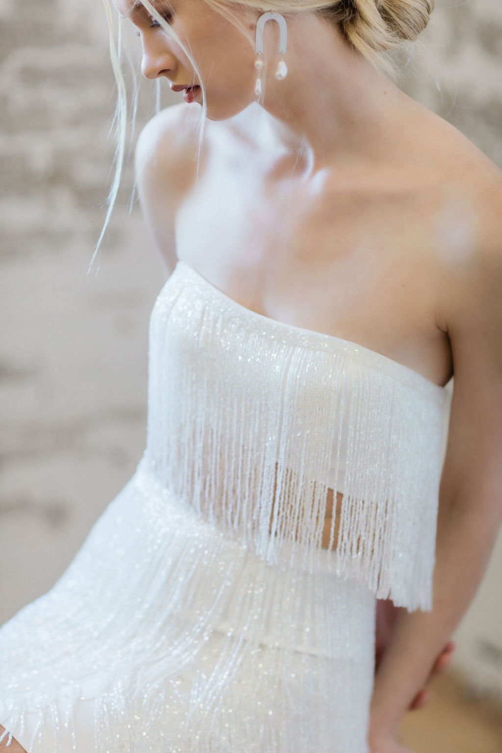 Modern  beaded wedding mini skirt. Chic bridal separates. Handmade in Canada by Catherine Langlois.