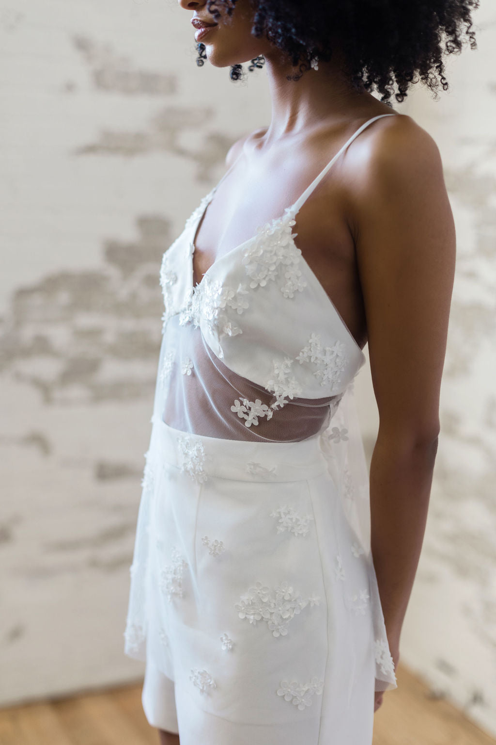 Modern romantic bridal separates. Stretch crepe wedding shorts. Hand made in Toronto,Canada.