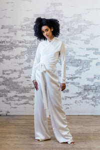 Satin bridal pants. Modern bridal separates. Hand made in Canada by Catherine Langlois.