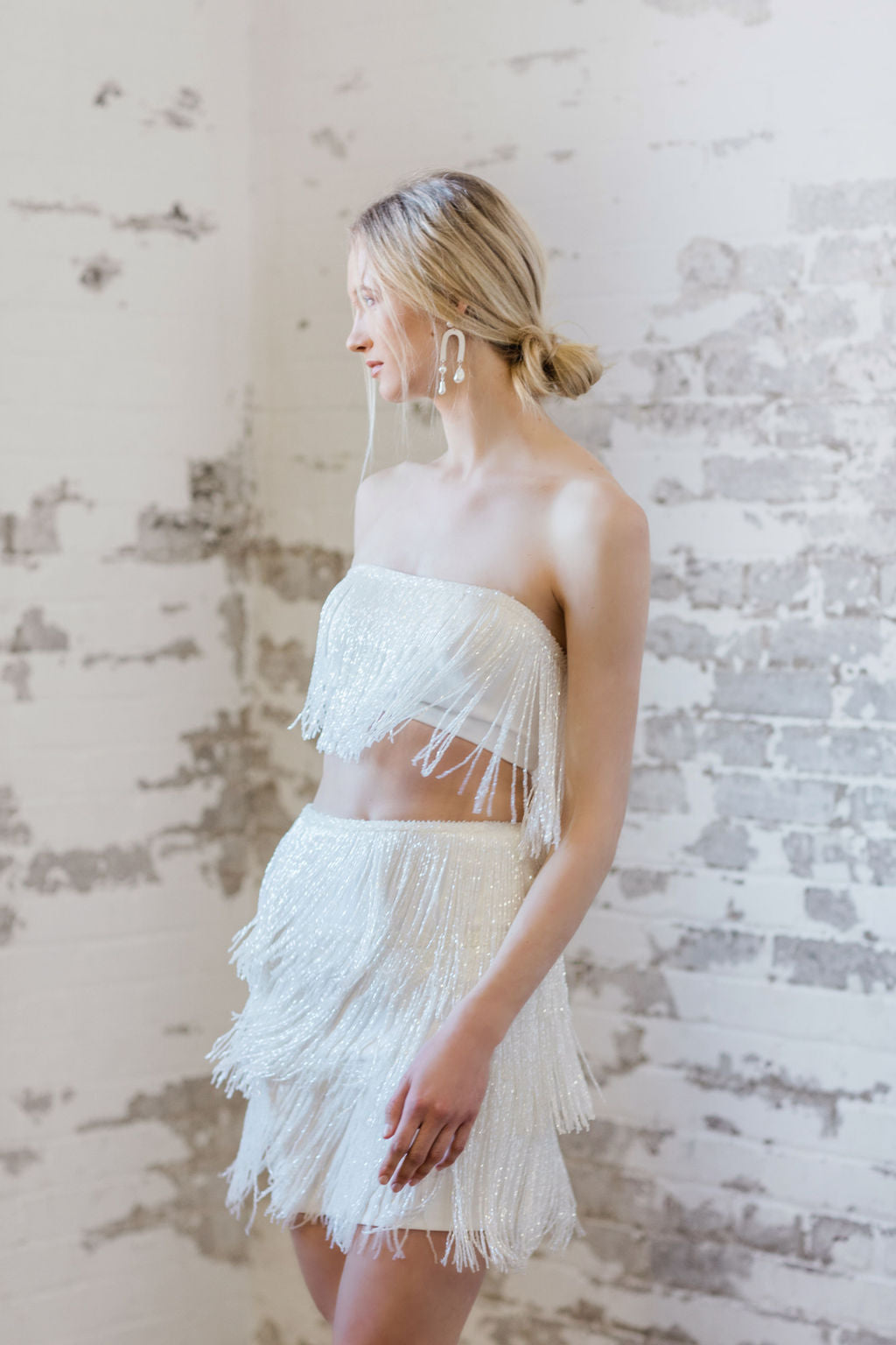 Beaded fringe bridal crop top. Modern bridal separates. Hand made in Canada by Catherine Langlois.