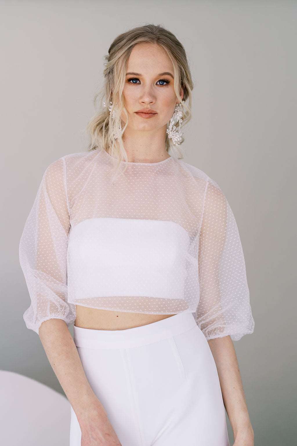 Bandeau wedding top, worn with stretch crepe wedding pants and a sheer dotted tulle topper. Catherine Langlois, Toronto, Canada.