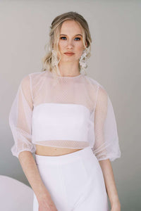 Bandeau wedding top, worn with stretch crepe wedding pants and a sheer dotted tulle topper. Catherine Langlois, Toronto, Canada.