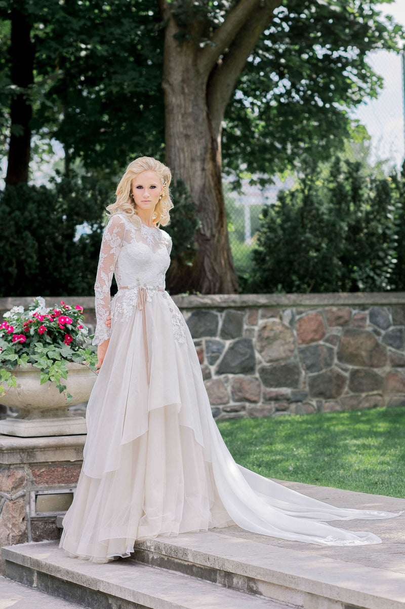 Classic Grace Kelly wedding dress with romantic modern updates. Designed by Catherine Langlois, Canada