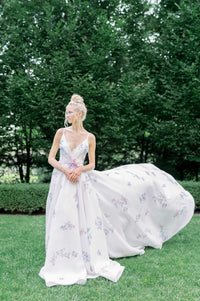 Non white floral wedding dress. Deep V neckline and side slit. Full ballgown in silk organza.Custom designed by Catherine Langlois, Toronto