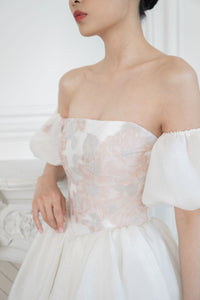 Unique high low vintage inspired wedding dress. Straight across strapless with detachable sleeves. Custom made bridal gowns by Catherine Langlois, Toronto. Handmade in Canada.