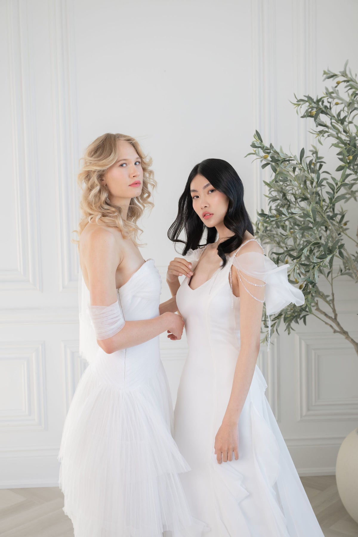 Custom made wedding dresses, Toronto. Romantic off the shoulder ruffled chiffon wedding dress. Detachable train. Canadian wedding gowns by Catherine Langlois.