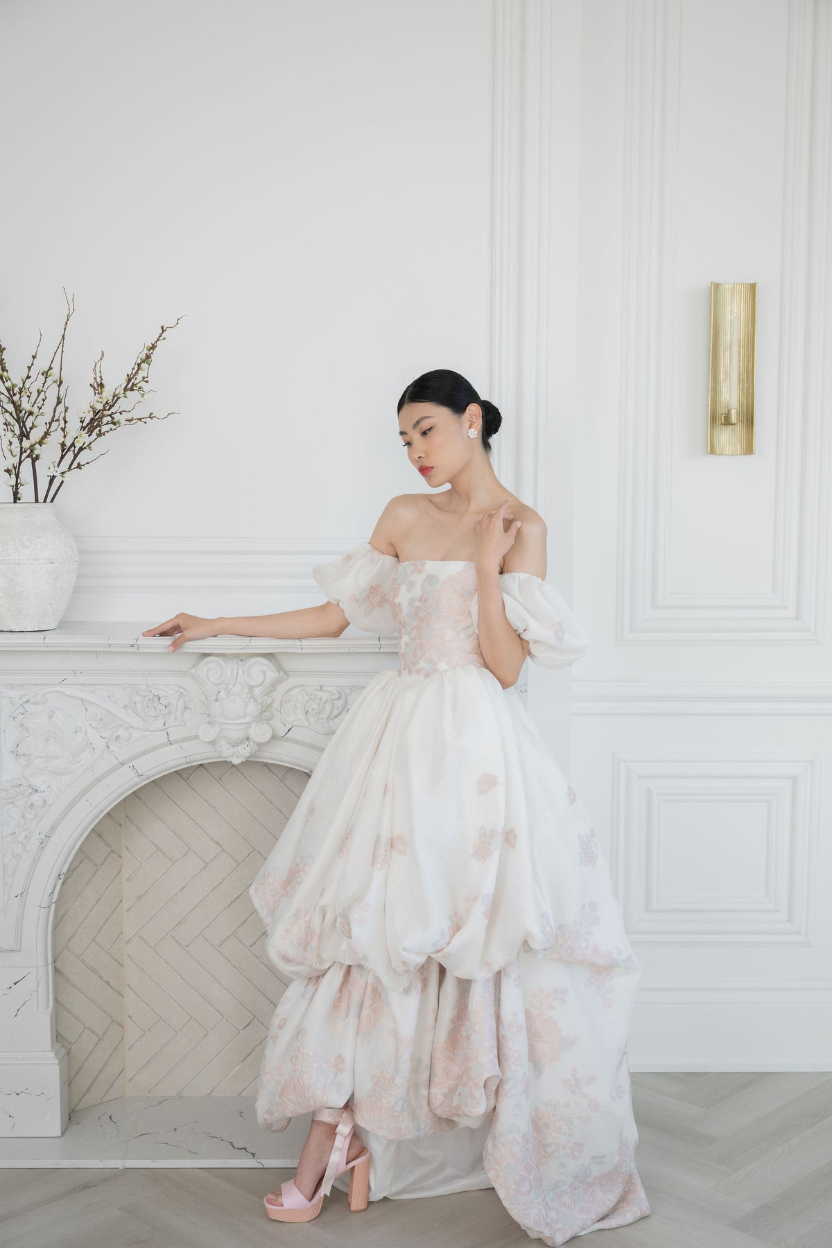 Pink and white high low wedding dress. Straight strapless with detachable sleeves. Custom made bridal gowns by Catherine Langlois, Toronto. Handmade in Canada.