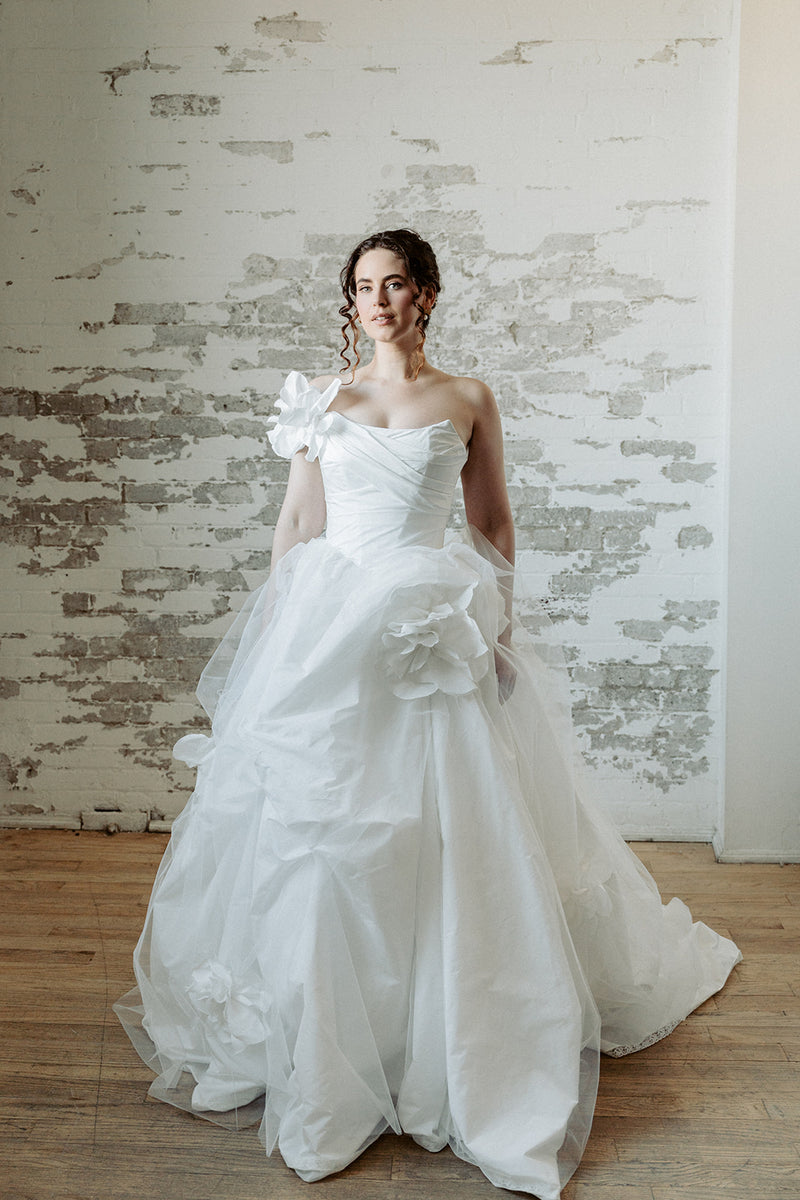Taffeta corset wedding dress ballgown. Custom made in our atelier in Toronto, Canada.