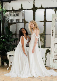 Celeste, wildly romantic off the shoulder chiffon wedding dress by Catherine Langlois. Photo Whitney Heard.
