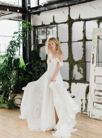 Celeste, wildly romantic off the shoulder chiffon wedding dress by Catherine Langlois. Photo Whitney Heard.