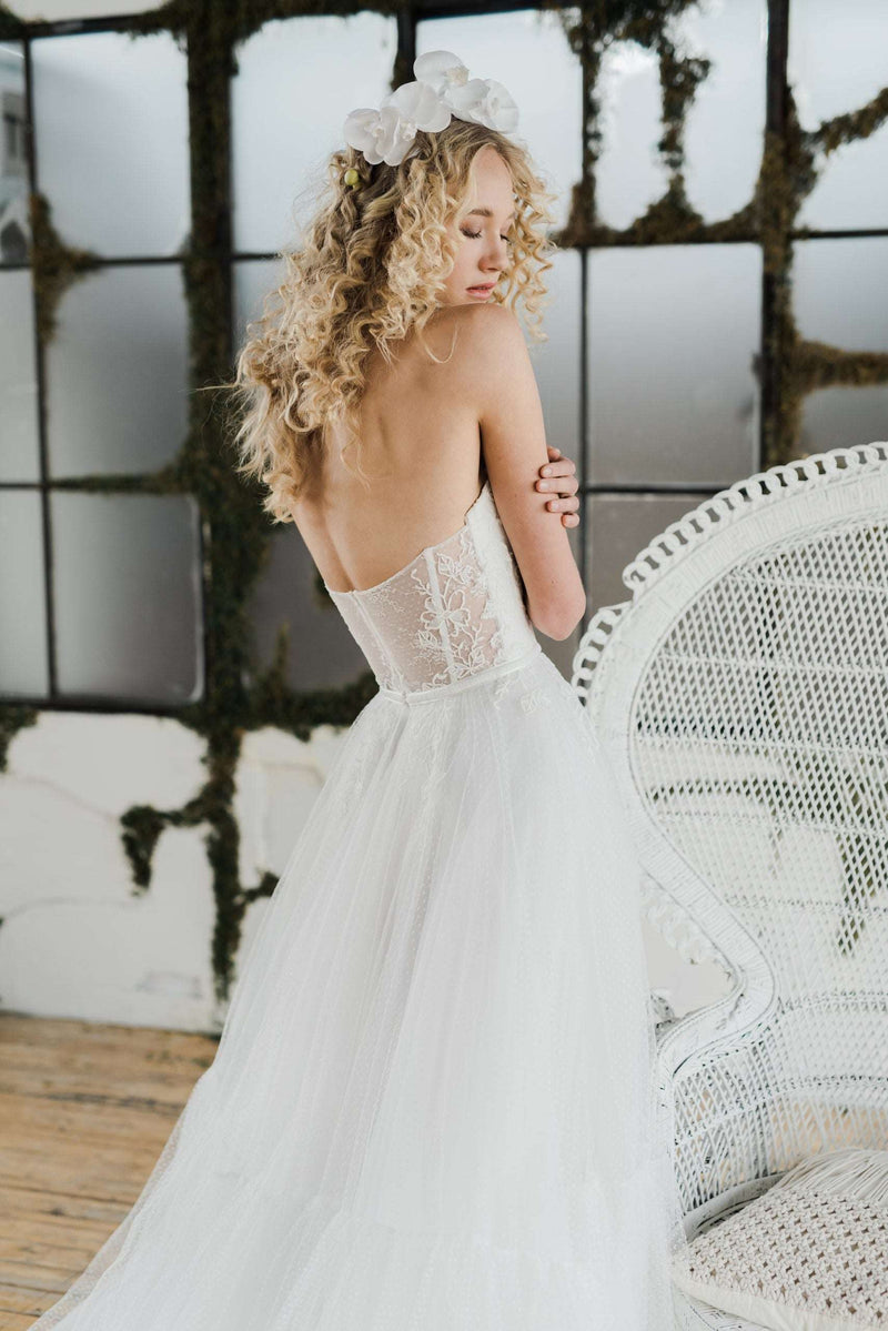 Meadow, a pretty Swiss dot tulle wedding dress. Designed and made by Catherine Langlois in Toronto, Ontario, Canada.