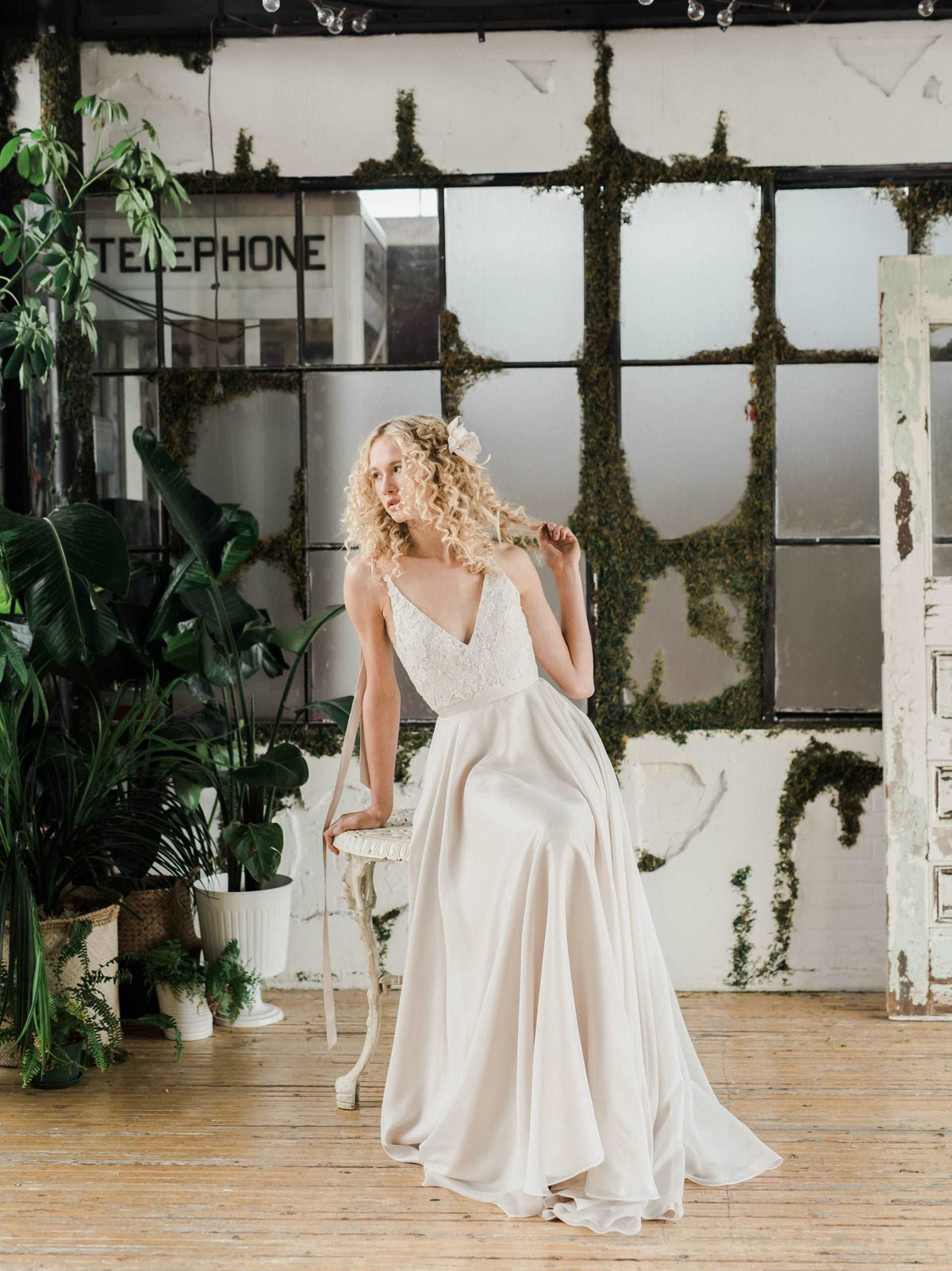 Soleil, a romantic champagne silk wedding dress by Catherine Langlois. Designed in Toronto, Ontario, Canada.