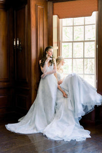 Pretty pastel blue wedding dress in silk organza. Custom made to order by Catherine Langlois, Toronto, Ontario, Canada.