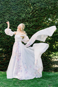 Wildly romantic watercolor wedding dress in organza by Catherine Langlois. Made to order in Toronto, Ontario, Canada.
