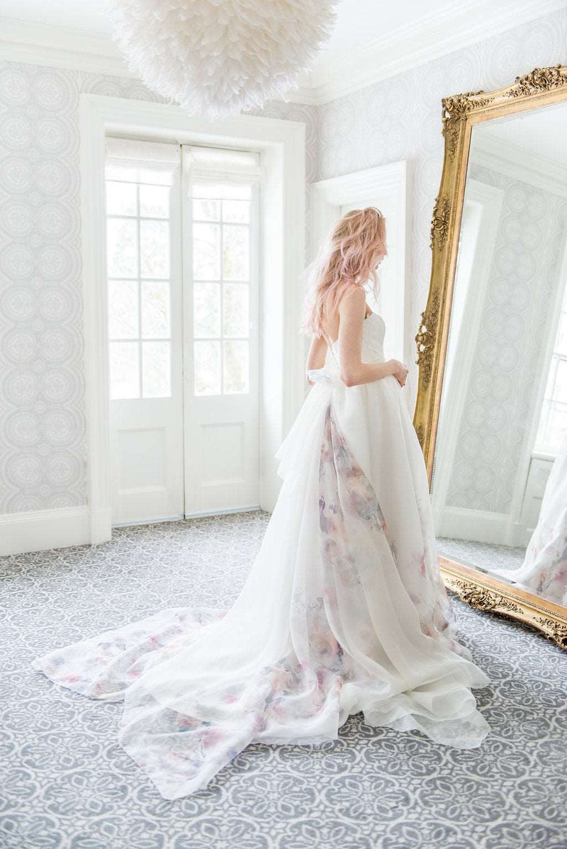 Delphine, a garden inspired pastel wedding dress in printed organza. Designed and handmade by Catherine Langlois in Toronto, Ontario, Canada.