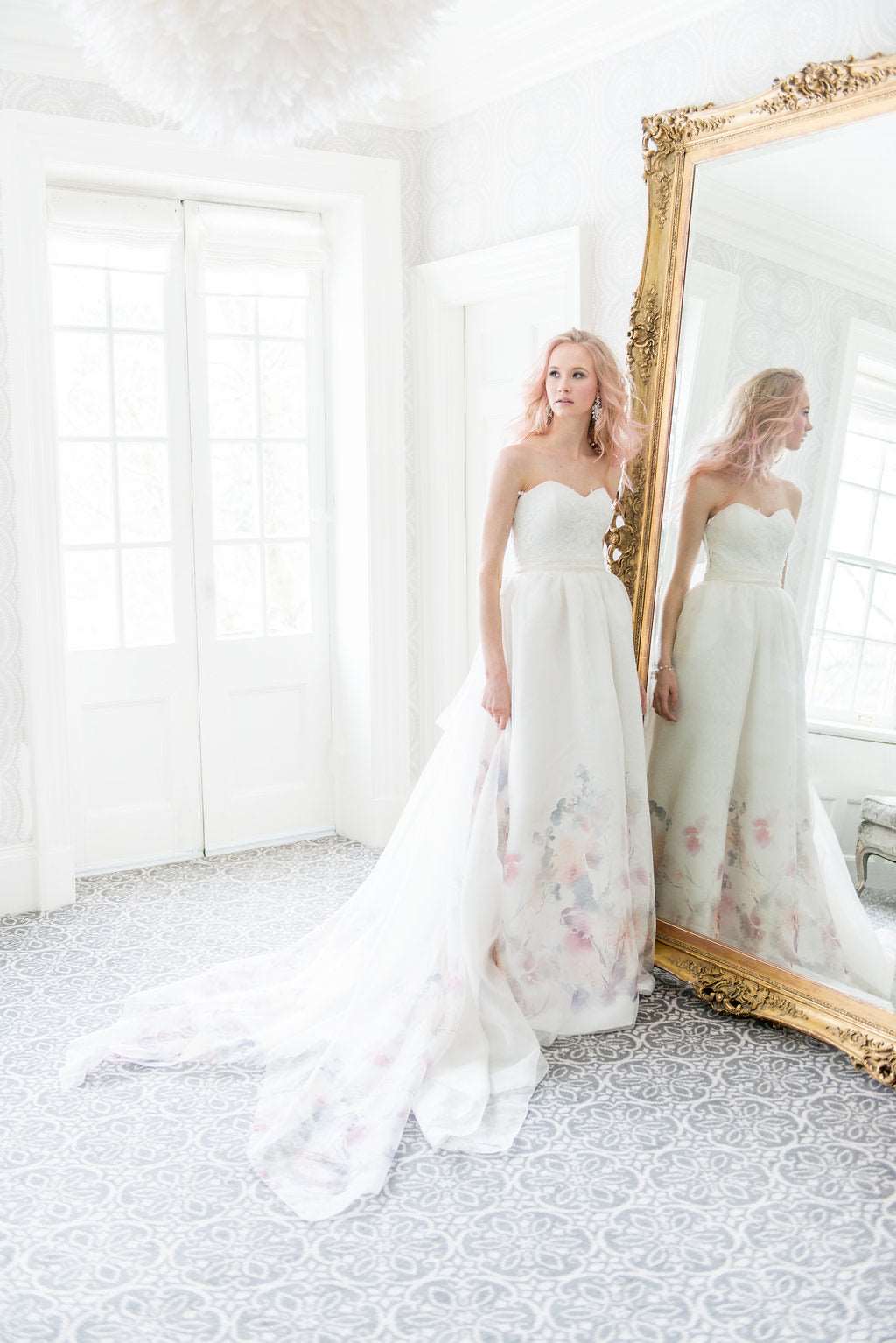 Delphine, a garden inspired pastel wedding dress in printed organza. Designed and handmade by Catherine Langlois in Toronto, Ontario, Canada.