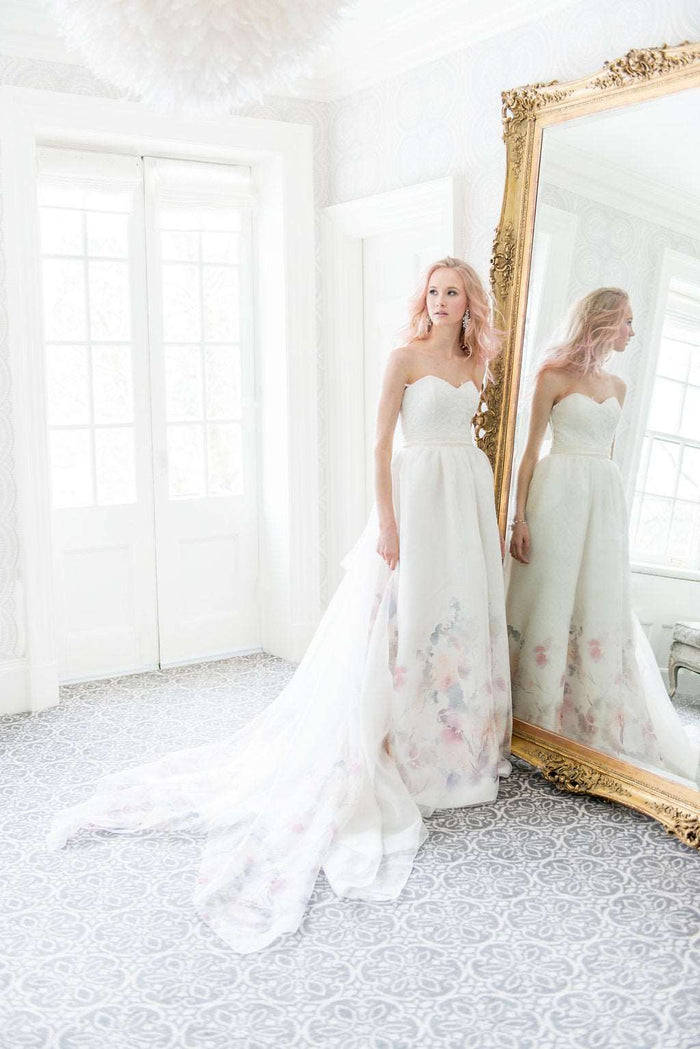 Delphine, a garden inspired pastel wedding dress in printed organza. Designed and handmade by Catherine Langlois in Toronto, Ontario, Canada.