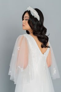 Elegant, simple off the rack wedding dress. Tulle sleeves and train. 3D romantic flowers. Handmade  in Toronto, Canada