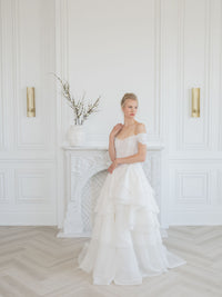 Romantic, unique off the shoulder silk organza corset wedding dresses. Customized wedding gown by Catherine Langlois Bridal Design, Toronto.