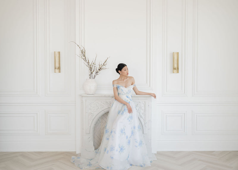 Beautiful blue silk organza wedding dress by catherine Langlois. Custom made bridal gowns, Toronto, Canada. Local bridal shop.