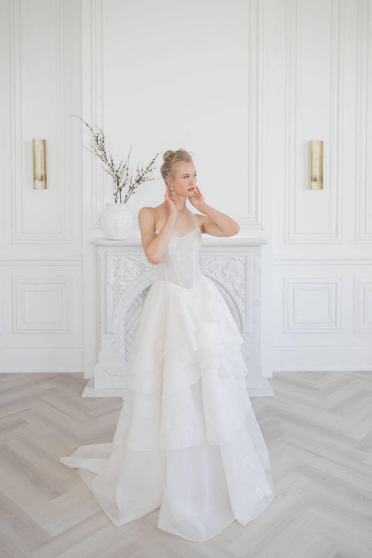 Romantic, airy layered silk organza wedding dress. Corset top, off the shoulder, dropped waist. handmade by Catherine Langlois, Canada.