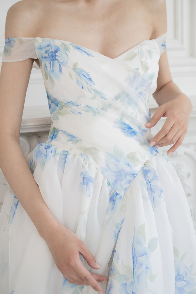 Off the shoulder corset wedding dress. Blue printed silk organza ball gown with train. Custom made bridal gown by Catherine Langlois, Toronto.