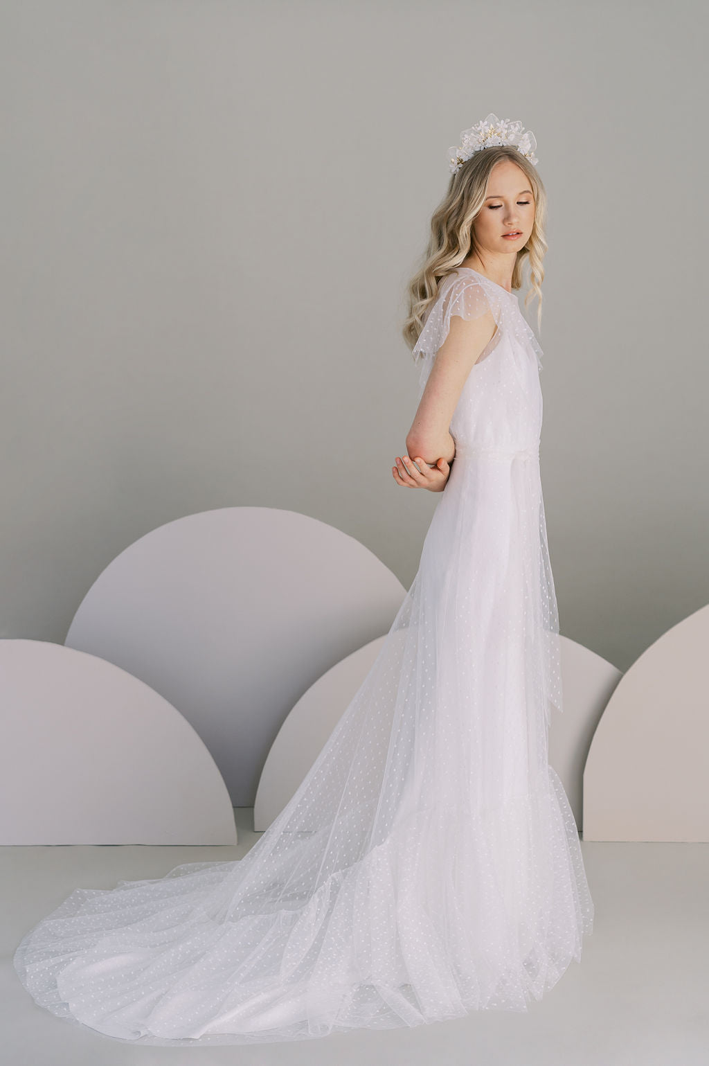 Romantic two piece bridal separates made in Canada. Dotted tulle overlay. Toronto, Canada.