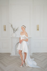 Short satin wedding dress. Corset, off the shoulder. Custom designed in Canada.