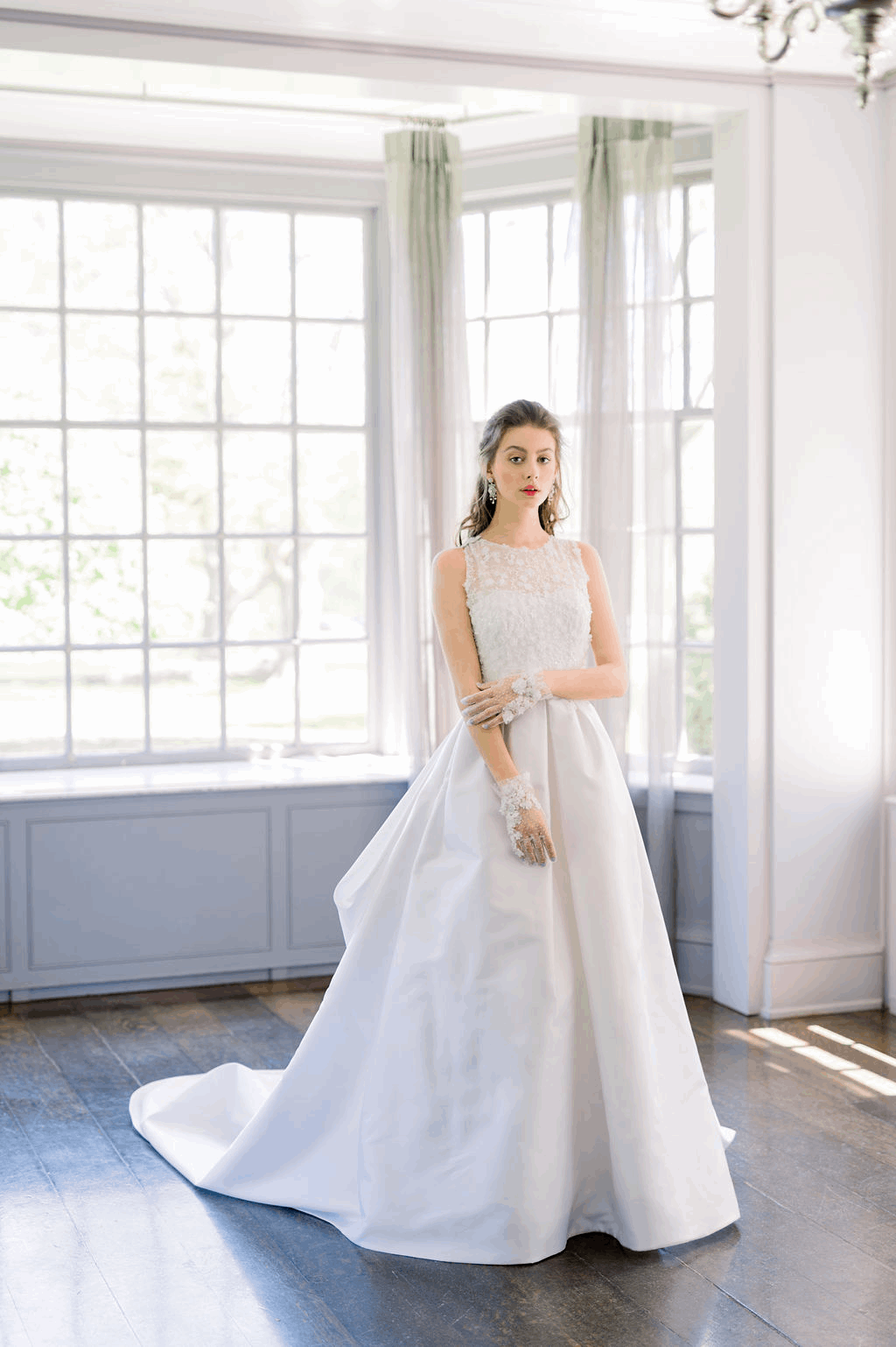 Ann by Catherine Langlois. Timeless silk Mikado wedding dress with 3D lace. Handmade to order in Toronto, Ontario, Canada.