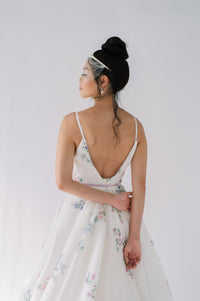 Non white floral wedding dress. Custom madeby Catherine Langlois, Toronto, Canada