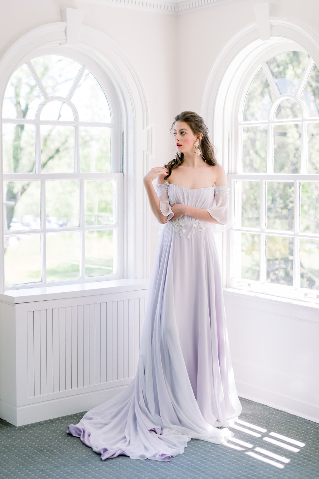 A whimsical lavender wedding dress with a gathered chiffon skirt and 3D leaf applique. Custom made by Catherine Langlois in Toronto, Ontario, Canada.
