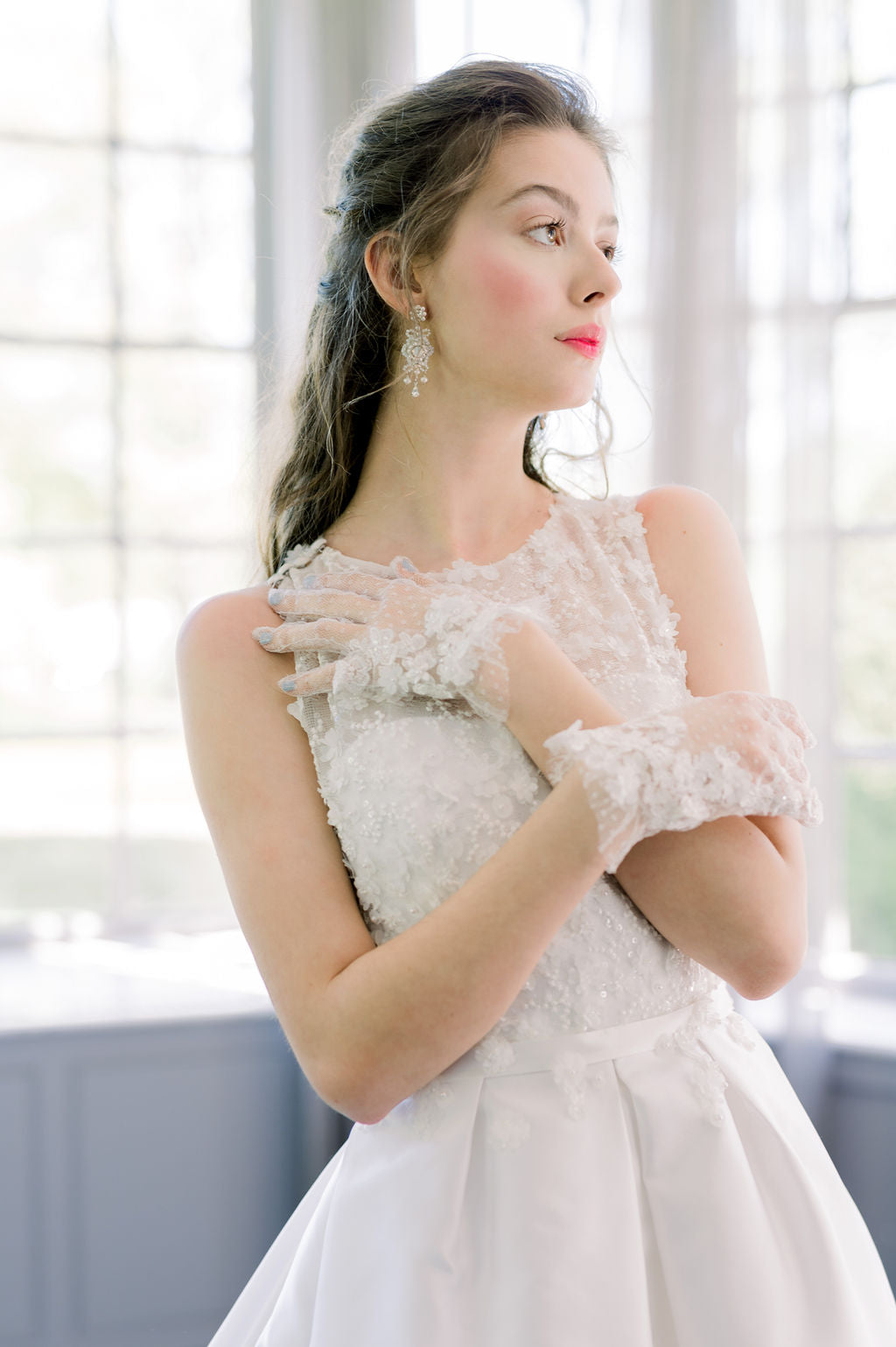 Ann by Catherine Langlois. Timeless silk Mikado wedding dress with 3D lace. Handmade to order in Toronto, Ontario, Canada.