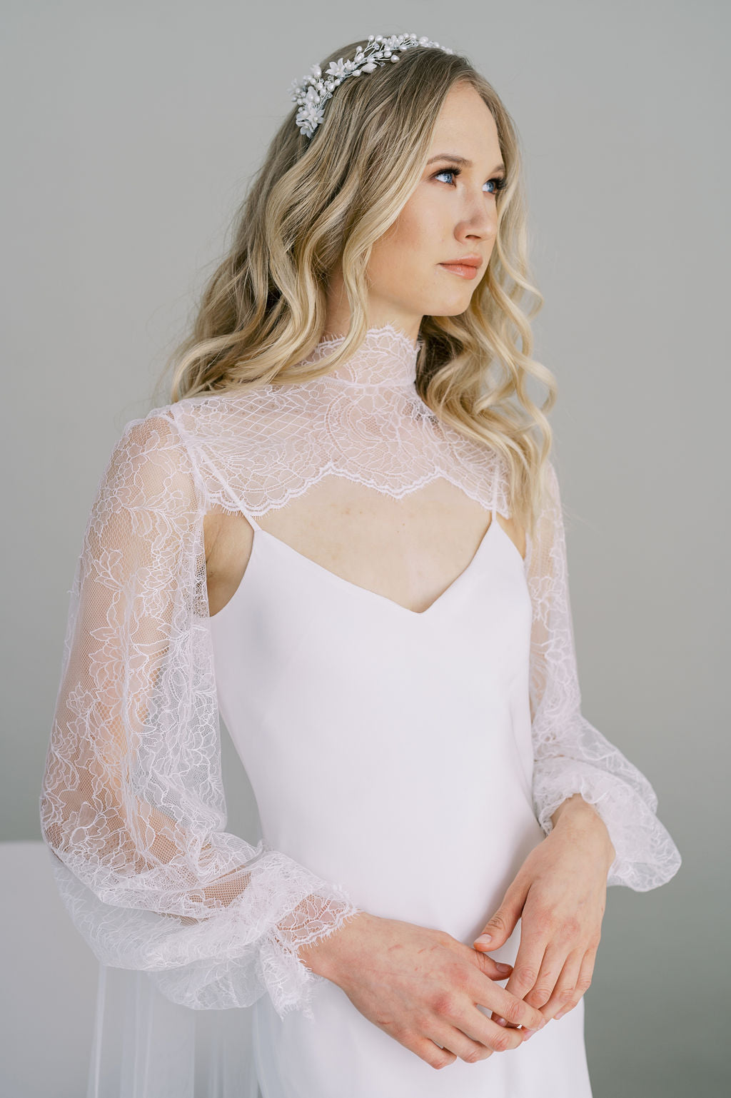 Long lace tulle bridal cape. Handmade by Catherine Langlois, Toronto, Canada