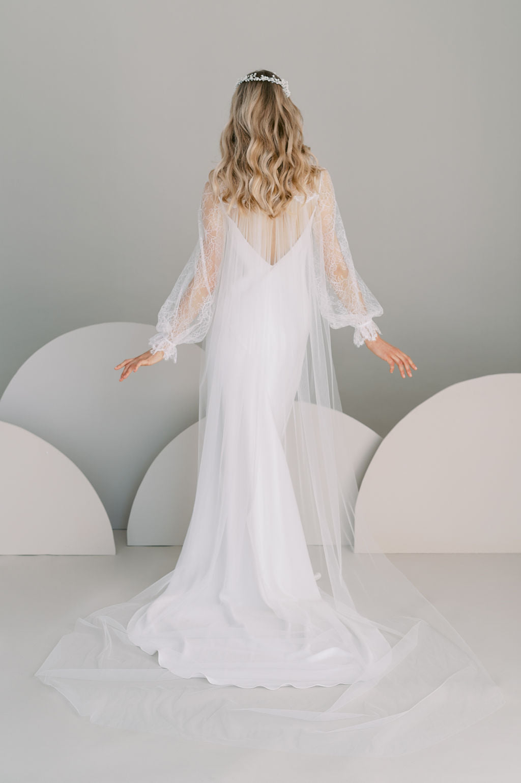 Long lace tulle wedding cape. Handmade by Catherine Langlois, Toronto, Canada