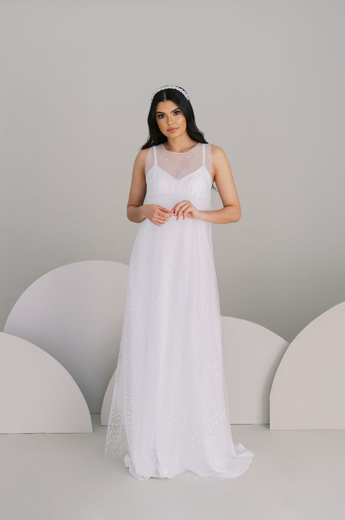 Bridal but make it fashion! Sheer sparkly overdress, worn over a crepe slip. By Catherine Langlois, Toronto, Canada.