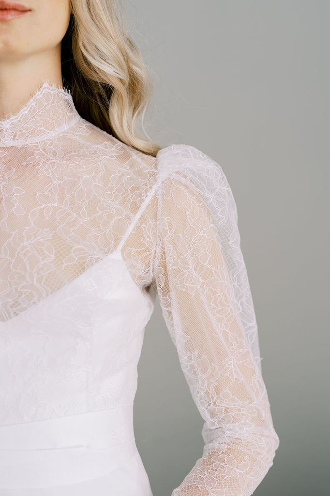 High neck lace wedding top. Handmade by Catherine Langlois, Toronto.