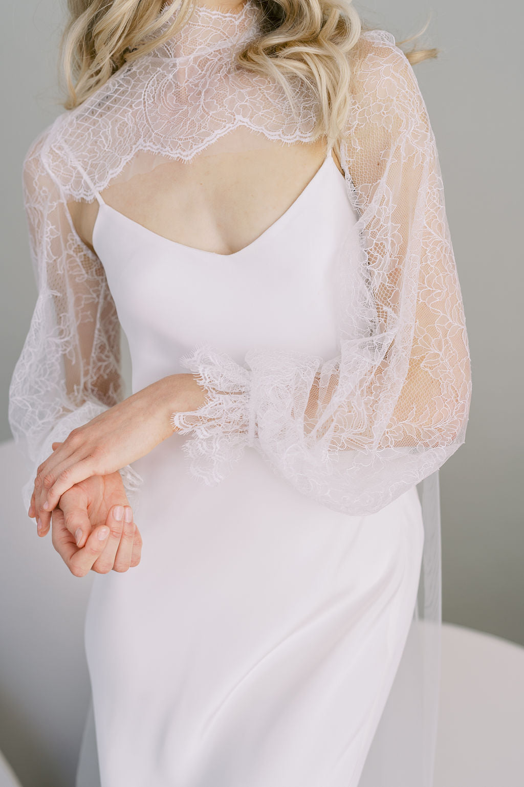 Long lace tulle wedding cape. Full lace poet sleeves. Handmade by Catherine Langlois, Toronto, Canada