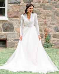 Romantic and whimsical avender tulle wedding dress. Classic lace and tulle Aline. Designed by Catherine Langlois, Canada