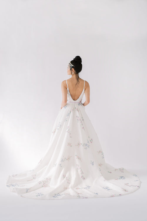 Non white floral wedding dress. Handmade by Catherine Langlois, Toronto