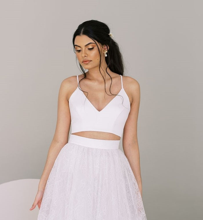 Simple bridal topper. V neck with spagetti straps. Made from stretch crepe. By Catherine Langlois, Toronto.
