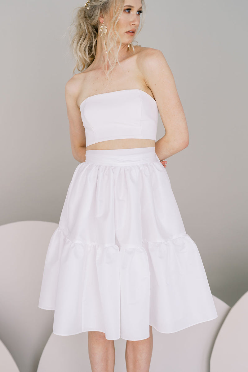 Bandeau wedding top, worn with a short ruffle skirt. By Catherine Langlois, Toronto, Canada.