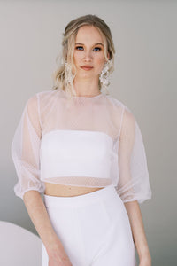 Bandeau wedding top, worn with stretch crepe wedding pants and a sheer dotted tulle topper. Catherine Langlois, Toronto, Canada.