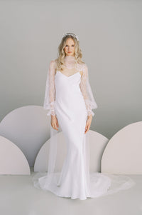 Long lace tulle bridal cape. Handmade by Catherine Langlois, Toronto.