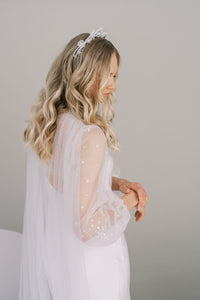 Long celestial sequin wedding cape. Long poet sleeves. Handmade by Catherine Langlois, Toronto, Canada
