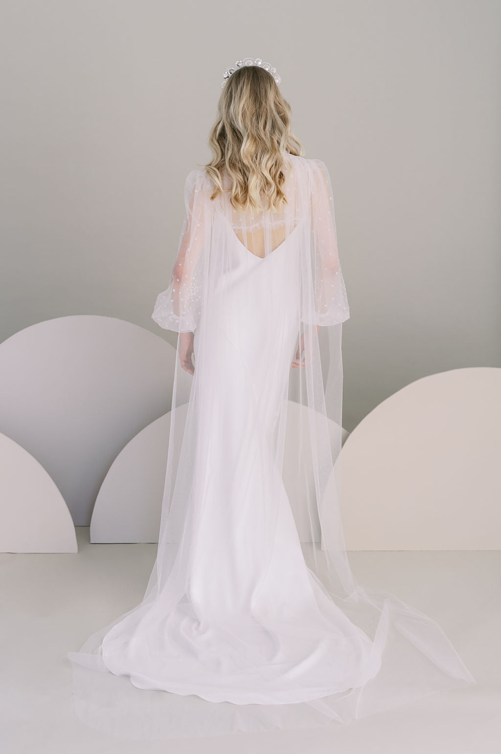 Long sequin wedding cape. Long poet sleeves. Handmade by Catherine Langlois, Toronto, Canada